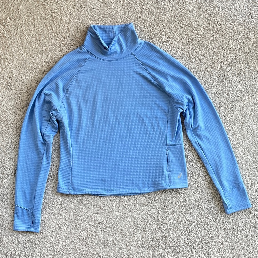 Asics Cold Weather Active Fleece Light Blue Mock Neck Cropped Long Sleeve Top XL
